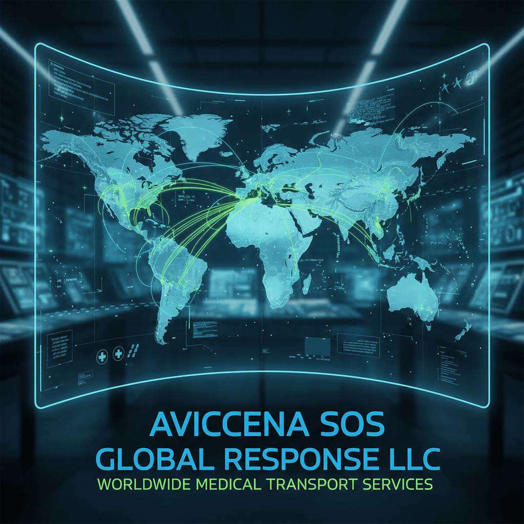 World map with animated global transport routes symbolizing medical coordination.
