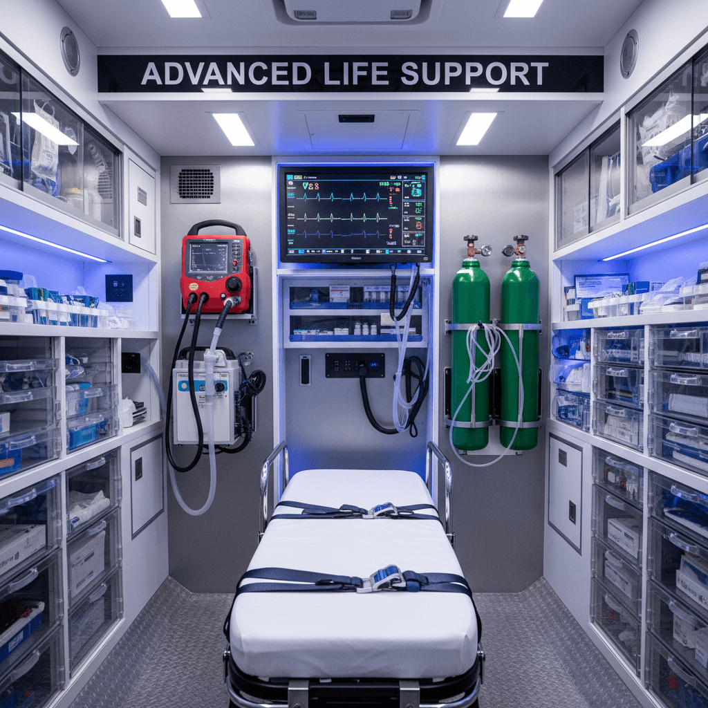 Interior of an advanced ALS ambulance with medical equipment and stretcher