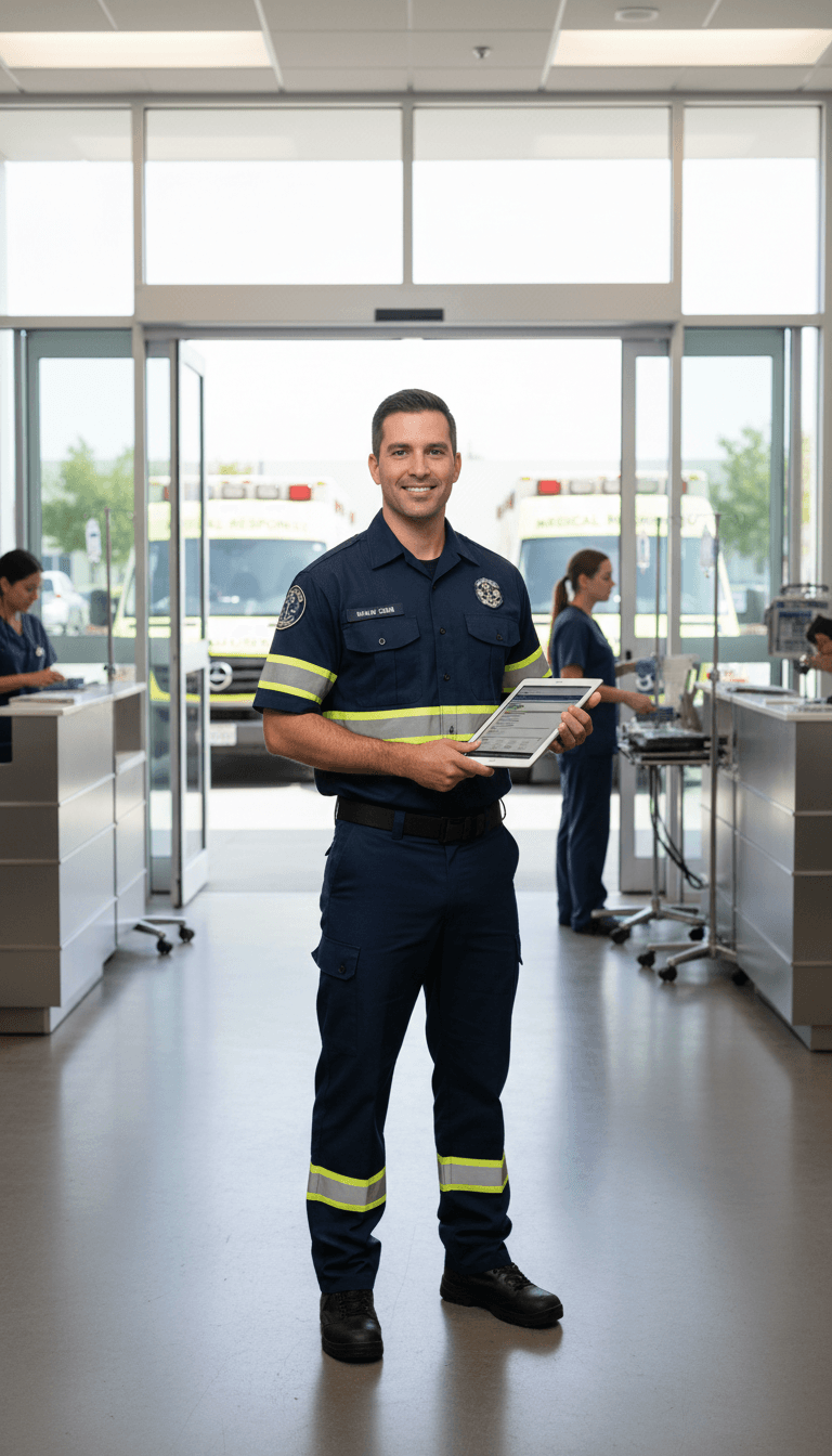 Paramedic in professional medical uniform standing confidently in ambulance bay with digital tablet and medical equipment visible
