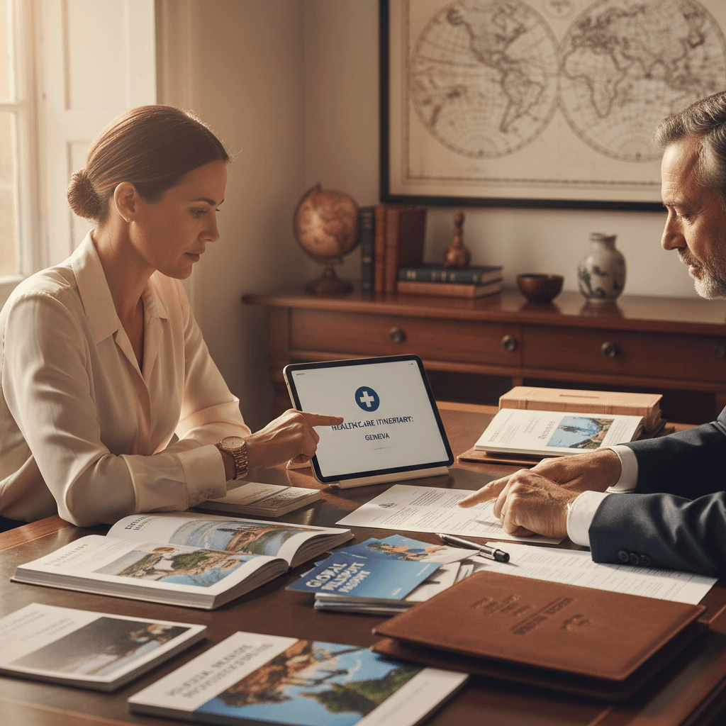 Healthcare concierge consultant reviewing medical and travel documents with international client at modern office desk with natural lighting