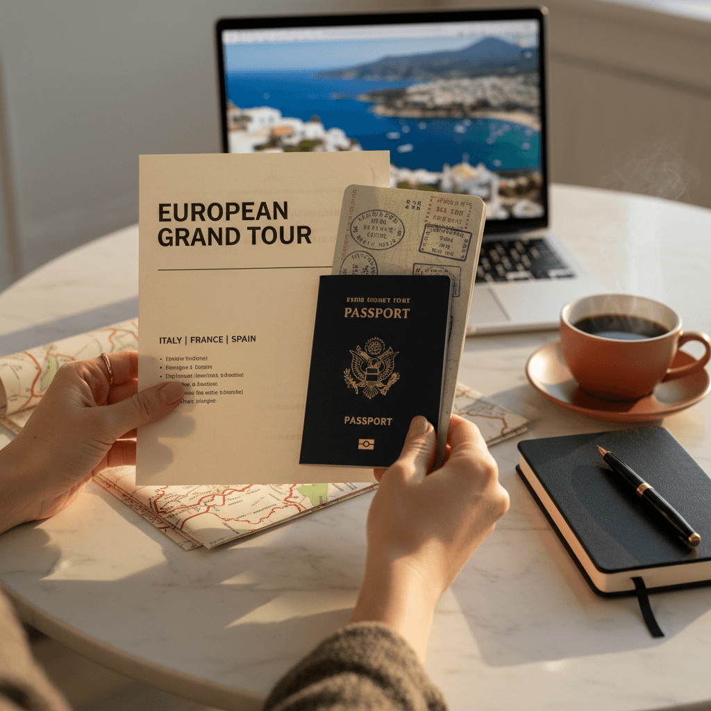 Traveler's hands holding passport and itinerary on marble table with laptop displaying destinations in background