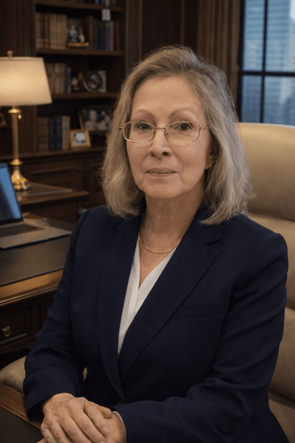 Blonde woman wearing glasses and a navy blazer, seated in a professional wood-paneled office.