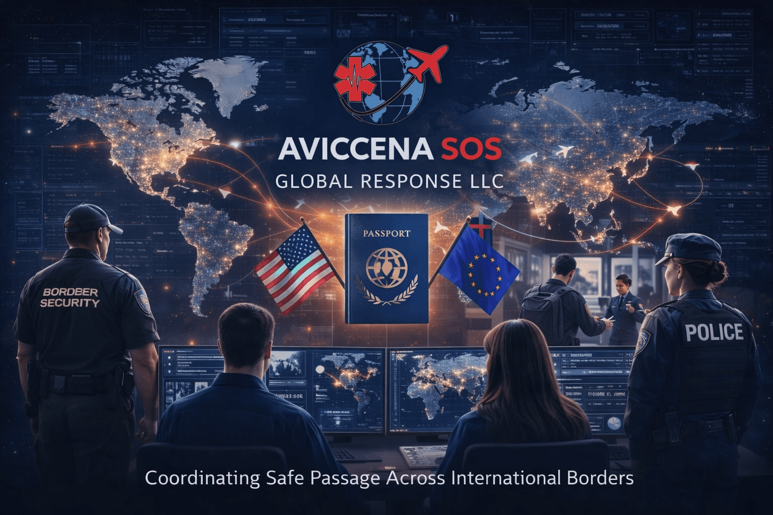 Security personnel monitor global maps for Aviccena SOS Global Response international safe passage coordination services.